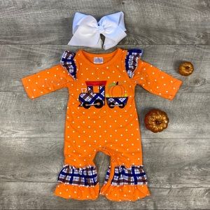 Girls boutique Pumpkin patch train applique romper